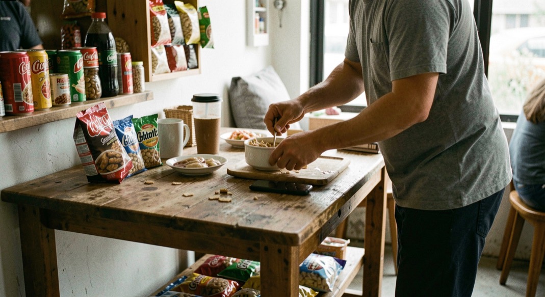 Detailed working view of standing table within small snack