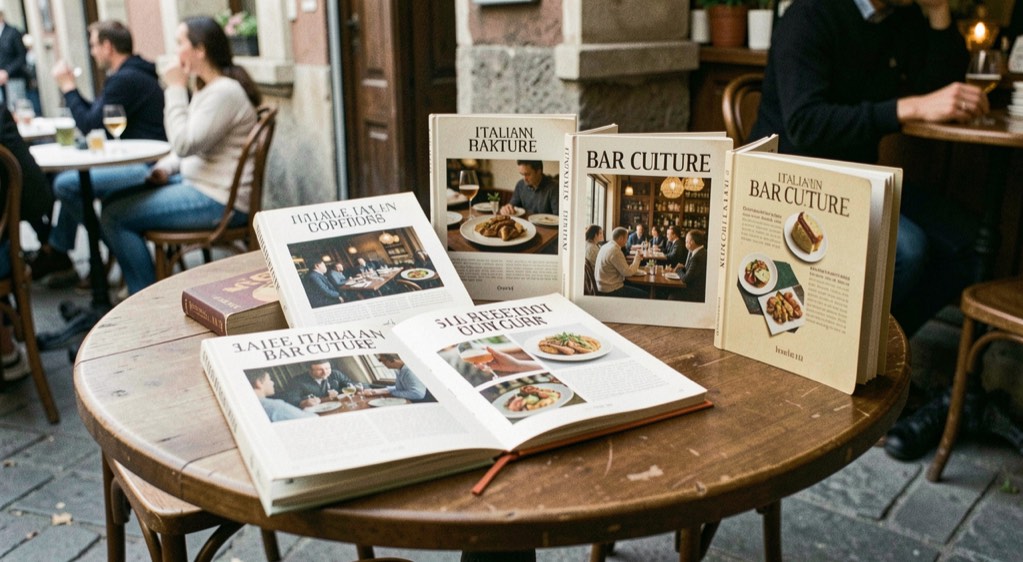 Italian bar culture shown through a counter, small plates and an evening aperitivo setting