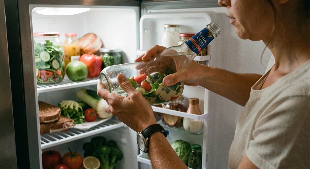 Detailed working view of open bottle life within refrigeration