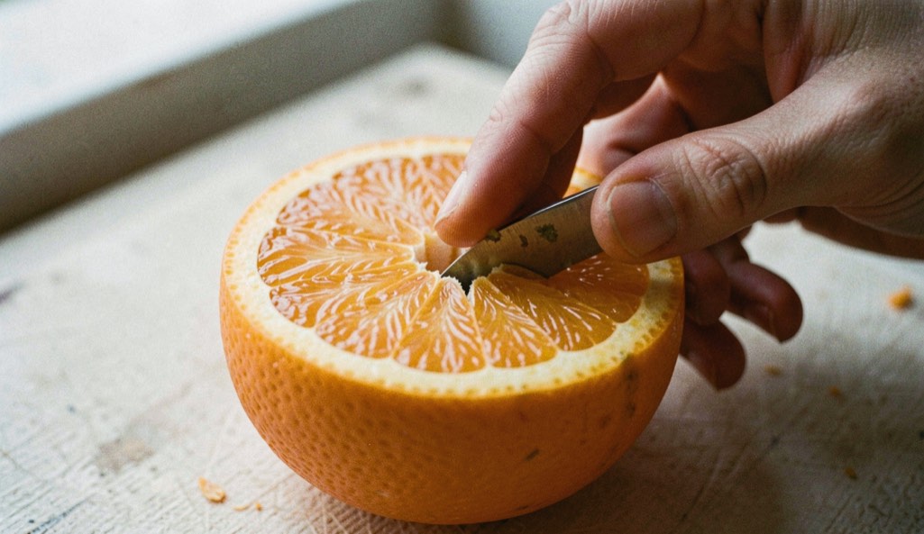 Detailed working view of equal parts method within orange peel