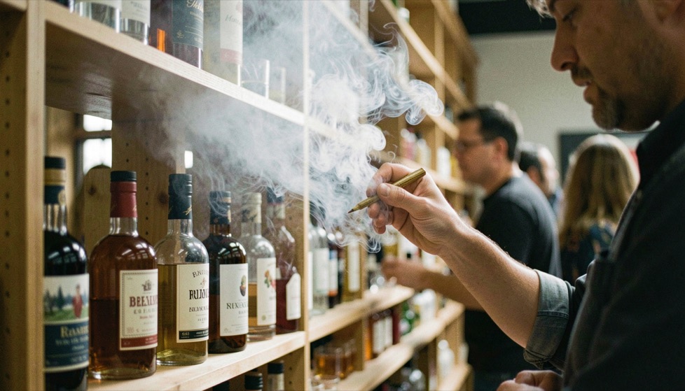 Detailed working view of aromatic smoke within gin selection